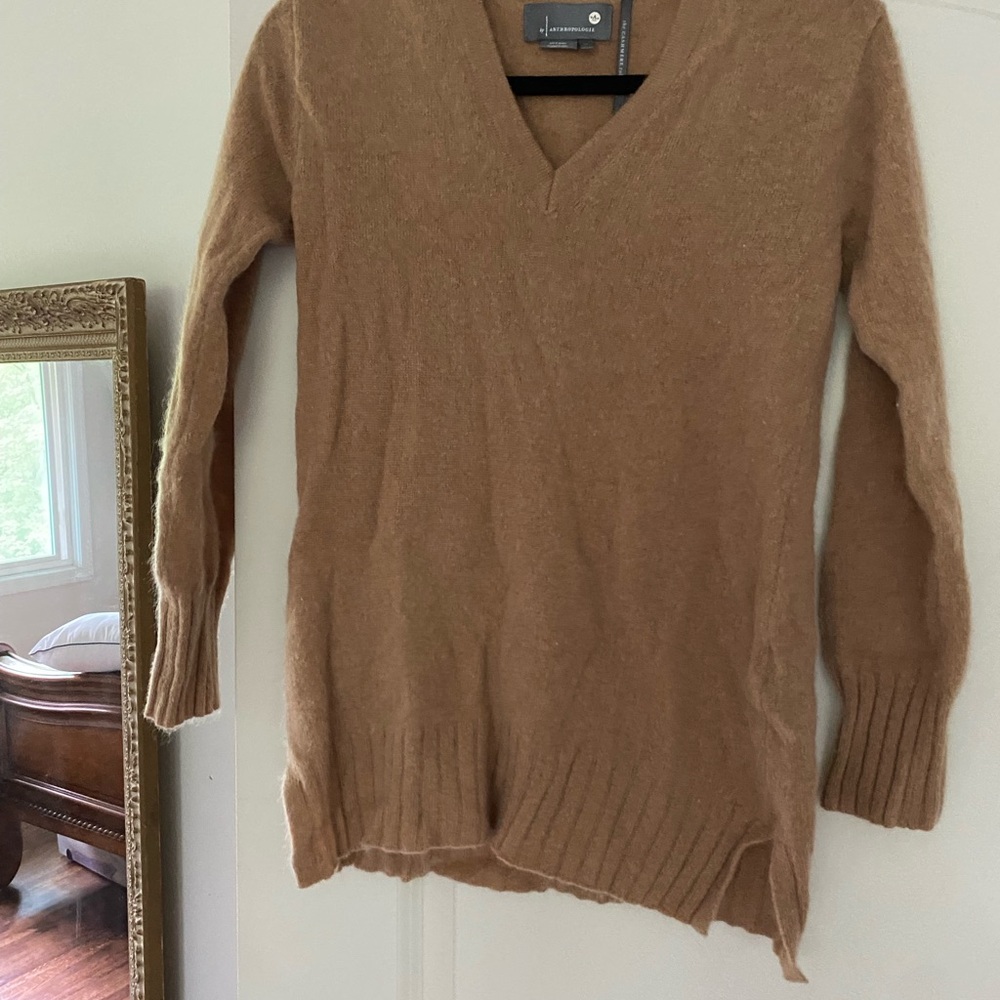 Anthropologie Tan V-Neck Cashmere Sweater
